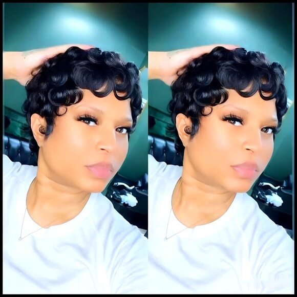 Curly Pixie Cut Human Hair Wig Glueless Layered With Bangs Daily Use